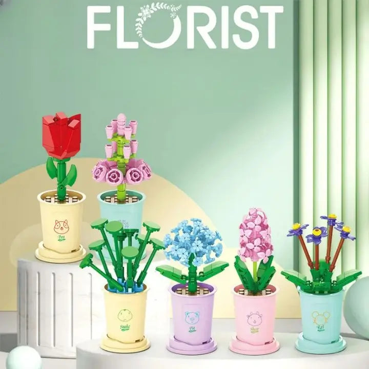 Flowers Building Blocks 12 Animals Models Mini Lucky Blossom Potted Plant Bricks Toys Kids DIY Gift