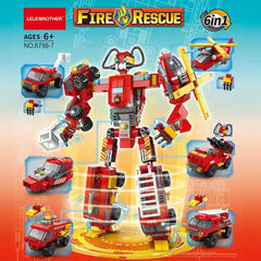 Color Bag Building Blocks Fire Mecha 6 in 1 Robot Bricks Toys Firefighting Model Kids Educational Gift