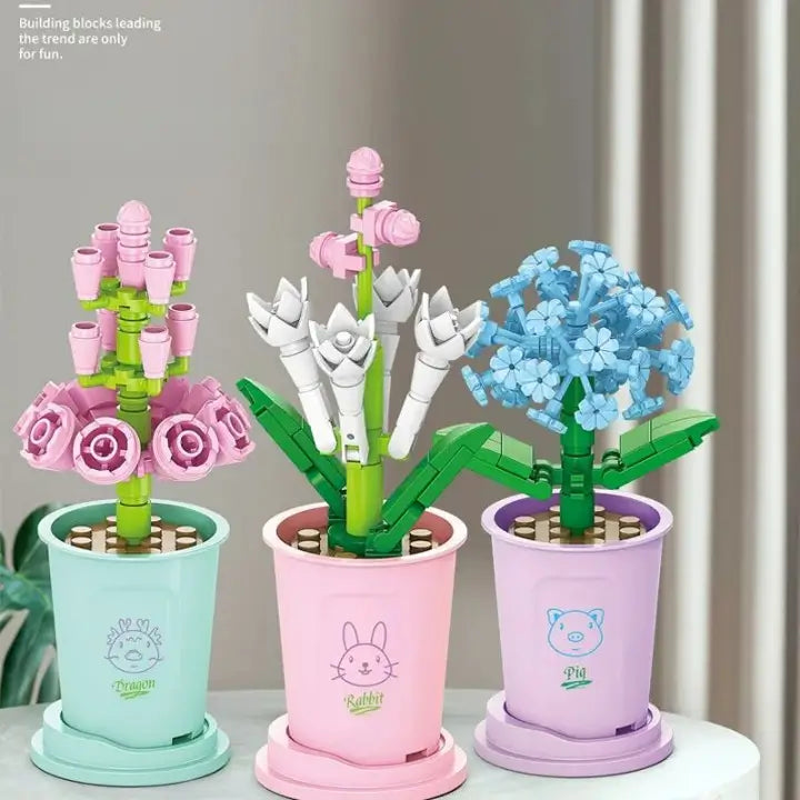 Flowers Building Blocks 12 Animals Models Mini Lucky Blossom Potted Plant Bricks Toys Kids DIY Gift