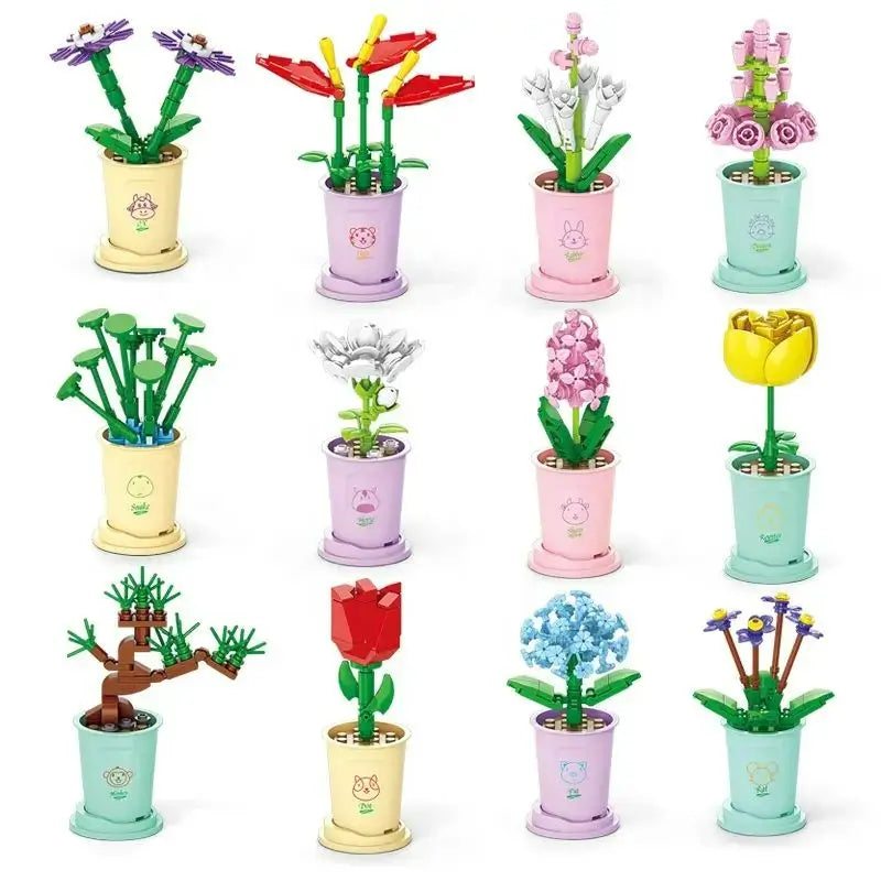 Flowers Building Blocks 12 Animals Models Mini Lucky Blossom Potted Plant Bricks Toys Kids DIY Gift