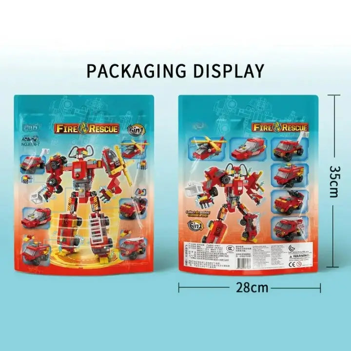 Color Bag Building Blocks Fire Mecha 6 in 1 Robot Bricks Toys Firefighting Model Kids Educational Gift