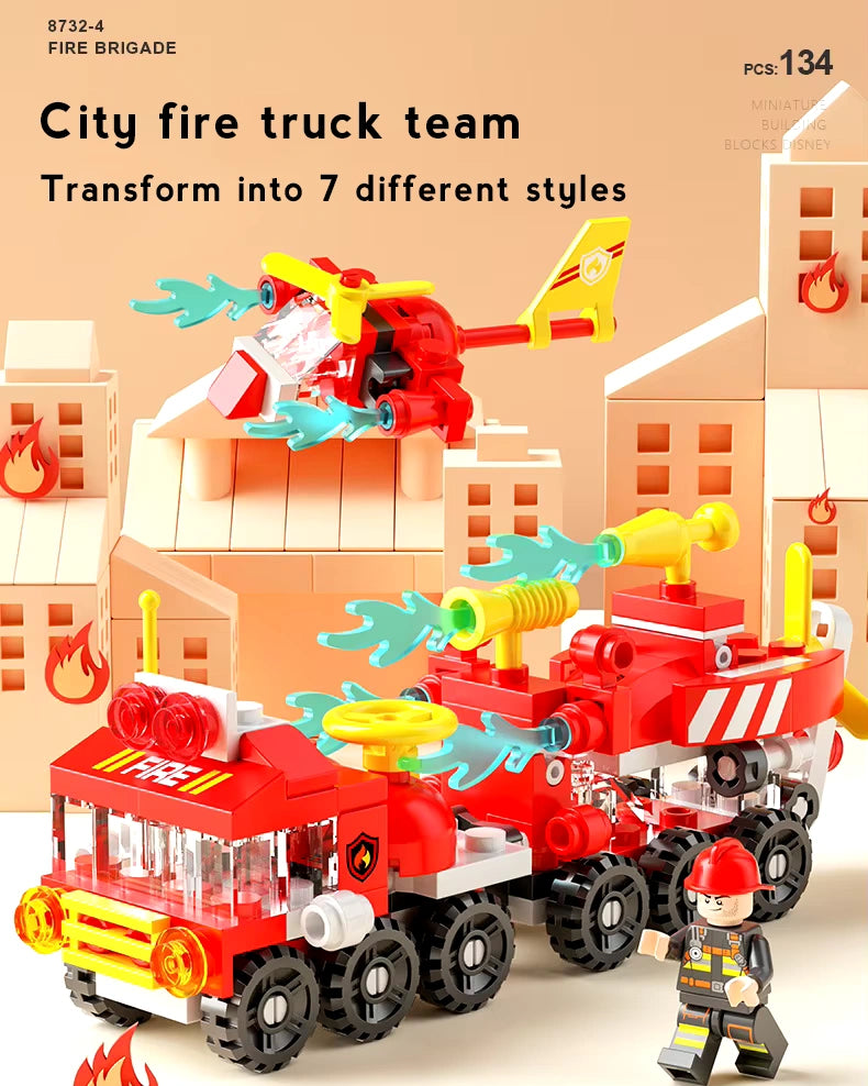 Mini Firefighting Truck 6 in 1 Building Blocks Playset for Kids 134 PCS