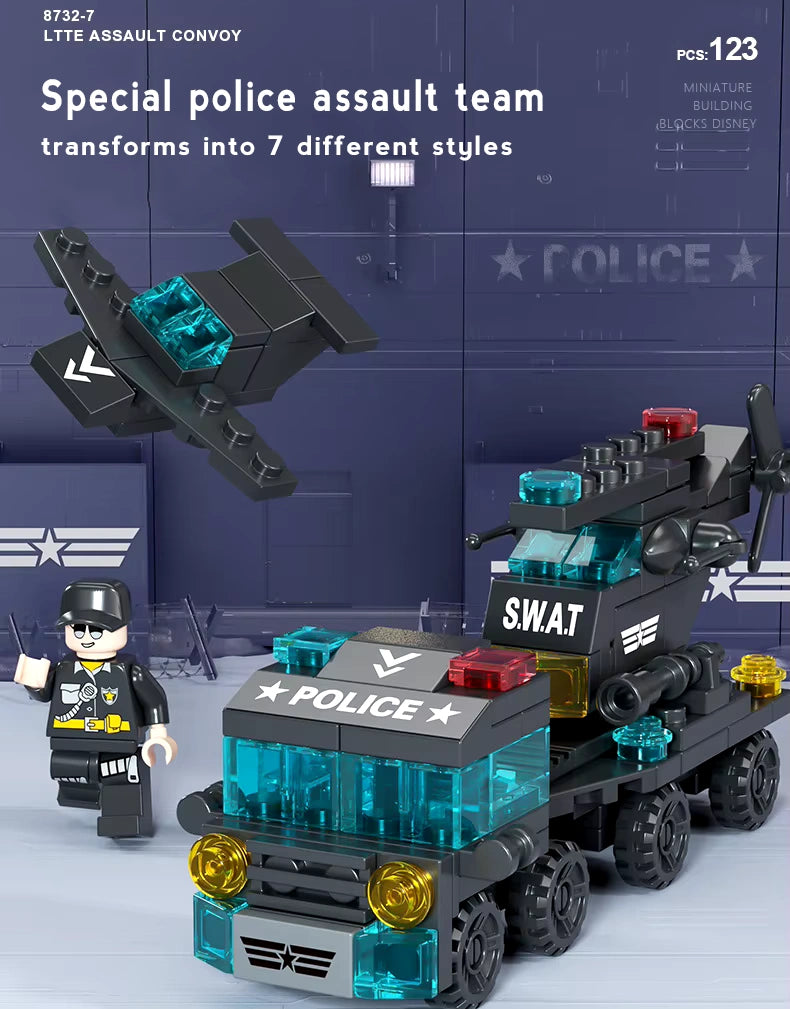 Mini Police Trailer 6 in 1 Building Blocks Toy – Law Enforcement Vehicle Set 123 PCS